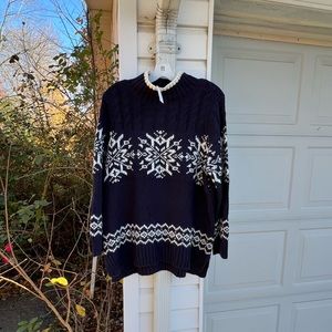 NWT Talbots Gorgeous Navy High Neck Cream Snowflakes Long Sleeve Sweater